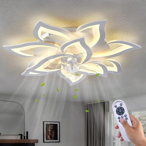 Dalouguan 32" White Ceiling Fan with Light Remote Control, Modern Geometric Ceiling Fan with Lights, 6 Speeds 3 Light Color Low Profile Ceiling Fan for Kitchen Bedroom