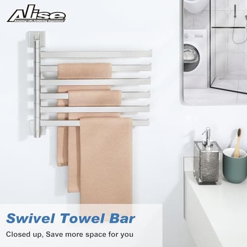 Alise Swivel Towel Rack, 6-Arm Towel Bar, Space Saving Towel Rack Wall Mount Drying Towel Holder, Swing Out Towel Holder for Bathroom Kitchen Toilet, Square SUS304 Stainless Steel, Brushed Nickel - Thumbnail 2