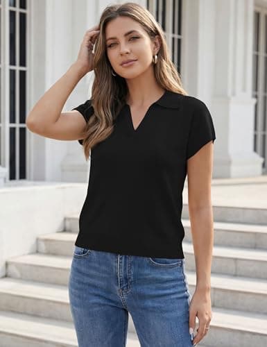 LaGracia Womens Cropped Short Sleeve Sweaters Business Casual Collared Polo Sweaters Lightweight Wool Blend Crop Tops Spring Summer Outfits Black S - Thumbnail 2