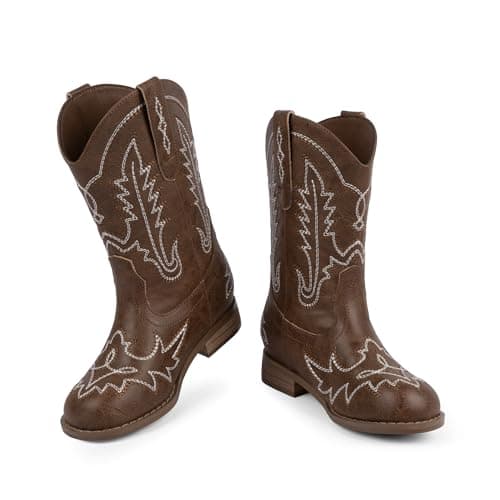 Modatope Brown Toddler Cowgirl Boots Cowboy Boots for Girls Brown Western Boot Flat Heel Pull On Round Toe Classic Embroidery Booties for Girls Horse Riding Party Little Girl Big Kid Big Kid 2 - Thumbnail 4