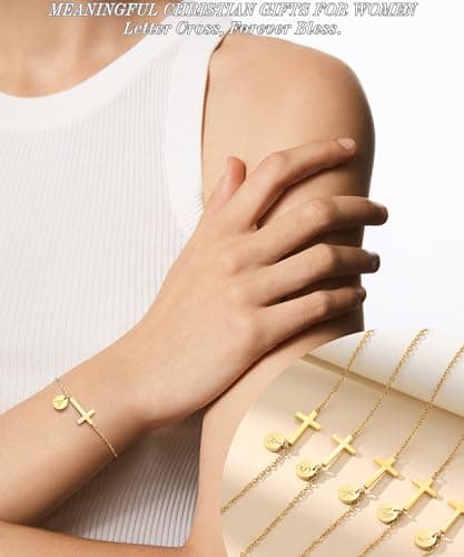 Cross Bracelet for Women, Initial Bracelets for Women Graduation Gift for Her Christian Gifts Dainty Gold W Initial Bracelet Faith Religious Baptism Gifts for Teen Mom Gift - Thumbnail 5