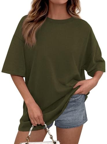 PRETTYGARDEN Womens 2026 Spring Going Out Tops Casual Short Sleeve Crewneck Loose Fit Basic Oversized T Shirts Summer Outfits (Army Green,Medium)