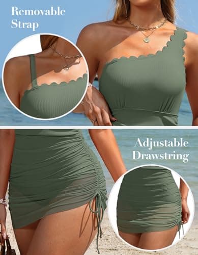 Charmo Swimsuit for Women Modest Scalloped One Shoulder Swimsuit Dress Ribbed Bathing Suit Sheer Shirt Army Green XL - Thumbnail 5
