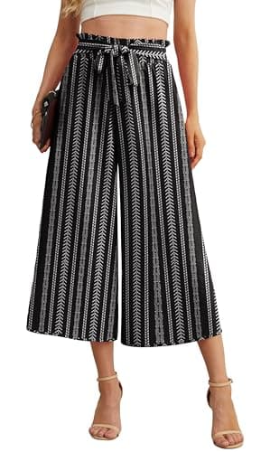 IWOLLENCE Women Flowy Loose Wide Leg Pant Summer Beach Casual Trousers high Waist Adjustable Knot Business Work Casual Pants Bohemian Stripes Small - Image 1