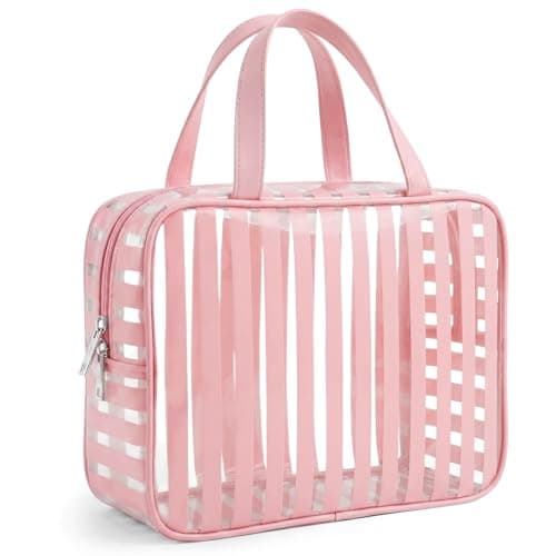 Edelefas Clear Pink Striped PVC Makeup Bag, Large 10.2 x 7.9 x 3.1 Inch Waterproof Travel Toiletry Bag with Handle, TSA Approved Clear Cosmetic Organizer for Travel Gym Bathroom - Image 1