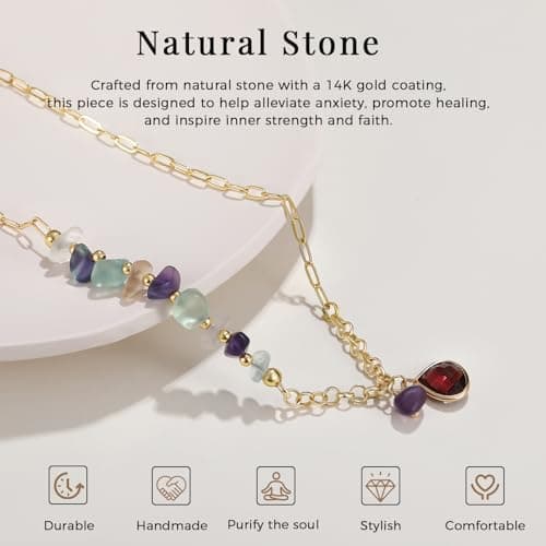 POMODA Crystal Paperclip Pendant Necklace for Women Gemstone Healing Necklaces for Women Natural Stone 14K Gold Plated Charm Boho Summer Jewelry Trendy Fashion Travel Colorful - Thumbnail 4