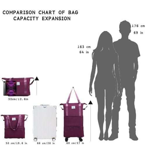 NiceUU Travel Rolling Duffel Bag with Removable Wheels,Expandable Foldable Carry-On Luggage for Trip Hospitalization,Duffle Bag for Travel, Sports,Shopping Fitness & Workout (purple) - Thumbnail 2