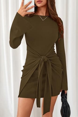 dowerme Women's Casual Mini Dress 2026 Bell Long Sleeve Boat Neck Tie Waist Bodycon Dresses Knitted Party Fall Outfits(Army Green,Large) - Thumbnail 3