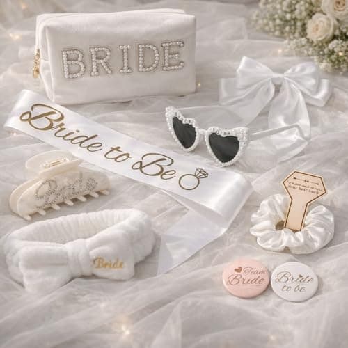 WOVOWOVO Bridal Shower Gifts for Bride To Be: Bachelorette Party Accessories Wedding Gifts - Bride Sash, Makeup Bag, Hair Clip, White Hair Bow, Sunglasses and Facial Headband - Thumbnail 2