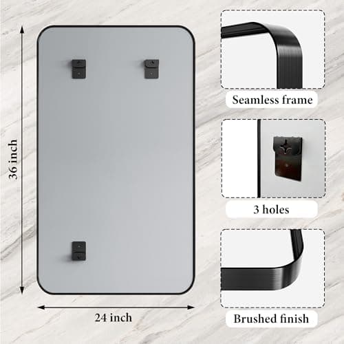 Black Bathroom Mirrors for Over Sink,24X36 Inch Matte Metal Framed Vanity Rounded Rectangle Vanity Mirror, HD Tempered Glass, Anti-Rust, Horizontally or Vertically Hanging - Thumbnail 4