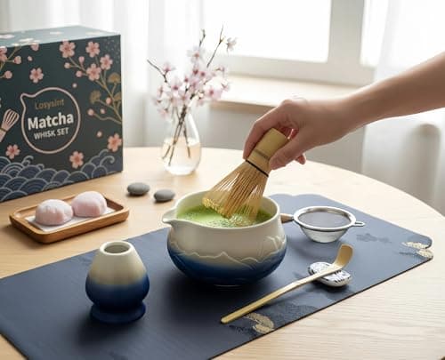 Losyslnt 7 Pcs Matcha Whisk Set - Complete Matcha Kit Set Includes Matcha Bowl with Spout, Bamboo Whisk with Holder, Scoop, Sifter, Scoop Holder, Tea Towel - Ideal Gift for Matcha Lovers (B-Blue) - Thumbnail 2