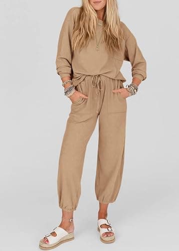 KIRUNDO Lounge Sets for Women 2026 Fall Airport Travel Outfits Ribbed Knit Tops Jogger Pants Tracksuit Postpartum Comfy Set(Khaki, XX-Large) - Thumbnail 6