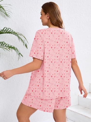 AusLook Women's Plus Size Pajama Sets Short Sleeve Top and Shorts Pink Tiger Hearts 2X Casual Comfy Soft Ladies Short Pajamas Set Loungwear Sleepwear Pjs Set 2 Piece Lounge Set with Pockets - Thumbnail 3