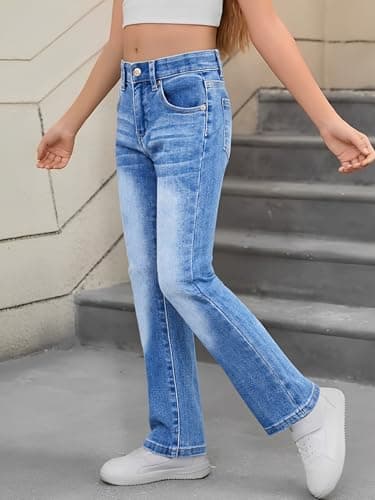 PATPAT Girls Bootcut Jeans Size 5, Light Blue, Elastic Waist Jeans with Pockets Straight Leg Pants 5T - Thumbnail 4