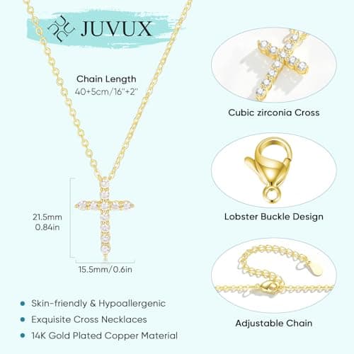 Juvux Cross Pendant Necklaces for Women 14K Gold Plated Cubic Zirconia Cross Necklace Simple Jesus Cross Necklace Christian Easter Religious Trendy Faith Minimalist Gift Necklace for Mom (Gold) - Thumbnail 3