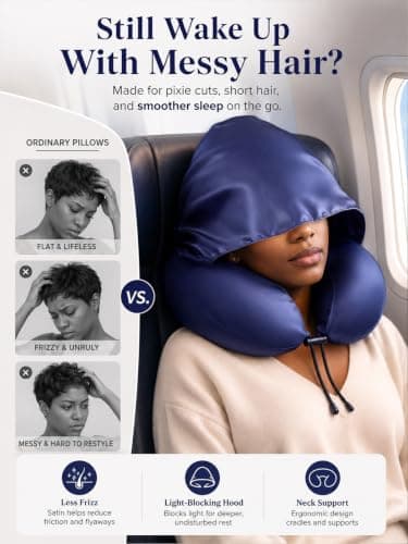 BAIKEA Satin Neck Pillow with Hood Pixie Pillows for Short Hair Sleep Travel Airplane Memory Foam Long Flight Plane Essentials Black - Thumbnail 2