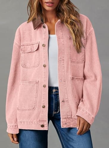Dokotoo Plus Size Jean Jacket Women Trendy 2025 Outfits Color Block Denim Jacket With Contrasting Corduroy Collar Oversized Long Sleeve Button Down Barn Jackets Shacket Coat With Pockets PinkM - Thumbnail 5