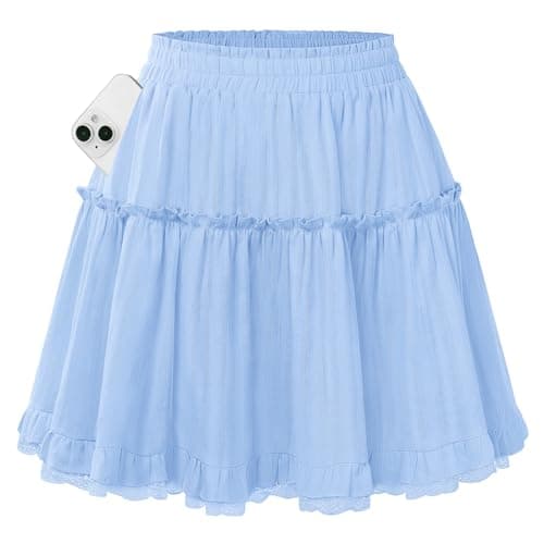 Kate Kasin Women Blue Ruffle Skirts with Pockets, Flowy Summer Skorts Dressy Casual, Cotton Mini Skirts with Shorts Underneath S - Image 1
