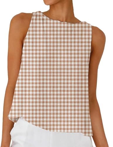 DAOAO Linen Gingham Top Tank Tops for Women Cute Summer Sleeveless Cotton Shirts Coffee Plaid XL - Image 1