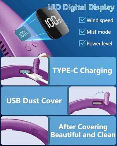 Portable Neck Fan Rechargeable,Bladeless Misting Fan Around Neck Fans that Blow Cold Air,Wearable Cooling Fan Mister Over the Neck,Headband Mobile Nevk Cooler Best Gifts for Women Men Adults Purple - Thumbnail 4