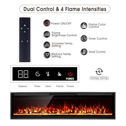 60 Inch Ultra-Narrow Bezel Electric Fireplace,Log & Crystal,Recessed/Wall Mounted,Dual Control,Remote & Touch,750/1500W Heater,Timer,4-Color Flames/Embers & 3-Color Top Lights. - Thumbnail 5