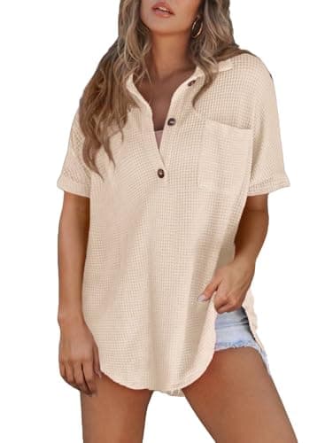 Astylish Womens Waffle Knit Tunic Spring Summer Tops Loose Boyfriend Shirt Short Sleeve Stylish Button Up V Neck Henley Shirts Light French Beige X-Large - Image 1
