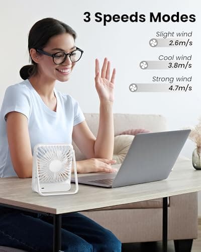 Koonie Desk Fan, Ultra Quiet 2.5-11h Battery Operated Small USB Fan with Strong Wind, 180° Tilt Folding and 3 Speeds Adjustable, Battery Powered Mini Personal Fan for Office Bedroom Desktop White - Thumbnail 6