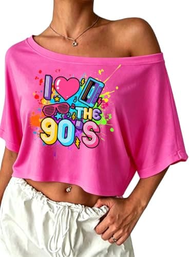 80s Outfit for Women 90's Theme Party Shirt Sexy Off The Shoulder 90S Tshirts 80s Disco Off Shoulder Crop Tops