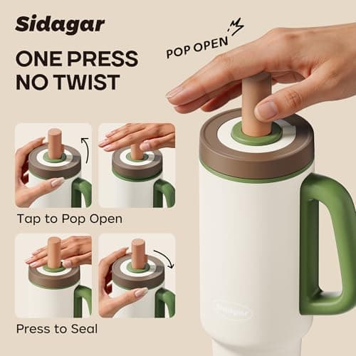 Sidagar Tumbler with Handle,36 oz Ceramic Lined Travel Mug Water Bottle with Straw,Vacuum Insulated Stainless Steel Cup with Lid,Fits Cup Holder, Leak Resistant Press-in Lid,White - Thumbnail 3