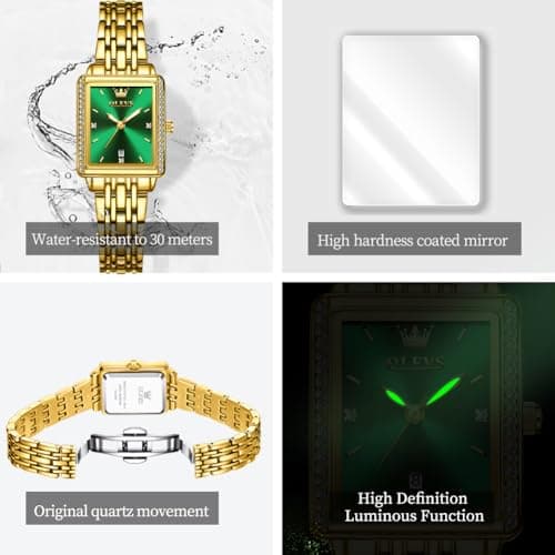 OLEVS Watch Women Gold Watches for Women Rectangle Green Face Waterproof Stainless Steel Small Wrist Womens Watch Dainty Elegant Analog Quartz Ladies Watches Reloj para Mujer - Thumbnail 5