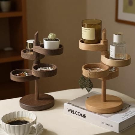 DegoCython Wooden Rotating Display Shelf, 4-Tier 360° Independent Rotating Spiral Organizer, Adjustable Jewelry Holder for Earrings Rings Necklaces - Thumbnail 5