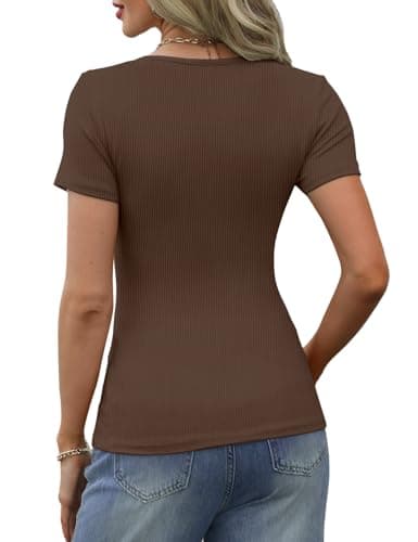 GKBK Womens Short Sleeve Tops Ribbed Scoop Neck Fitted Casual Henley T Shirts Basic Tee Tshirts 2025 Spring Summer Trendy Tops Coffee L - Thumbnail 4