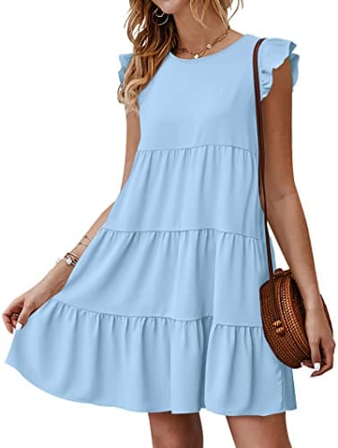 KIRUNDO Women Dresses 2026 Casual Summer Sleeveless Ruffle Sleeve Round Neck Solid Loose Short Flowy Pleated Mini Babydoll Dress(Light Blue, X-Large) - Image 1