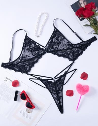 Avidlove Sexy Lingerie for Women Deep V Lace Teddy Cutout One Piece Bodysuit Mini Babydoll Black S - Thumbnail 6