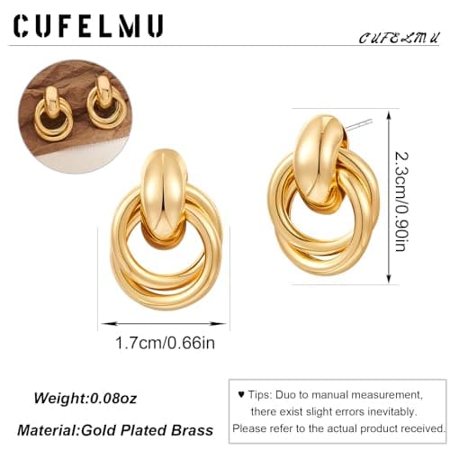 CUFELMU Gold Geometric Drop Dangle Earrings for Women Stud Small Twisted Link Earrings 14K Gold Plated Jewelry Gifts - Thumbnail 4