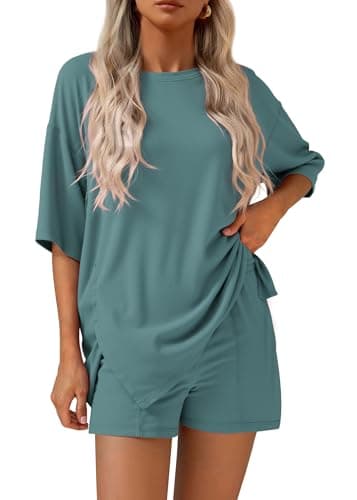 KIRUNDO 2 Piece Sets for Women Summer Lounge Sets Casual Oversized Tshirts Shorts Matching Airport Travel Outfits Postpartum(Fruit Green, Medium) - Image 1