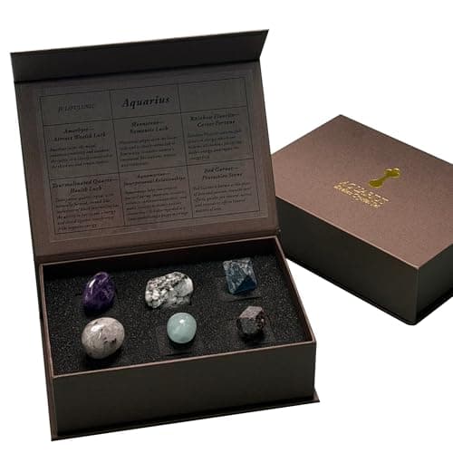 Juliful Unic Aquarius Zodiac Energy Set-6 Crystals for Visionary Balance, Creative Flow & Community Strength Gift for Innovators & Zodiac Seekers Amethyst, Moonstone + 4 More in Premium Ritual Box
