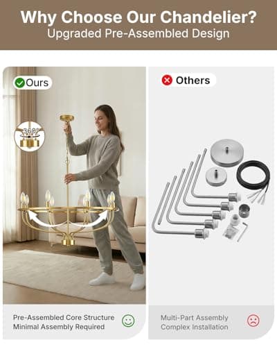 Yunnix 8 Light Gold Chandeliers for Dining Room, Gold Dining Room Chandelier with Extension Chain, UL Listed, Gold Modern Farmhouse Chandelier for Bedroom, Kitchen, Entryway, Foyer Light Fixture - Thumbnail 4