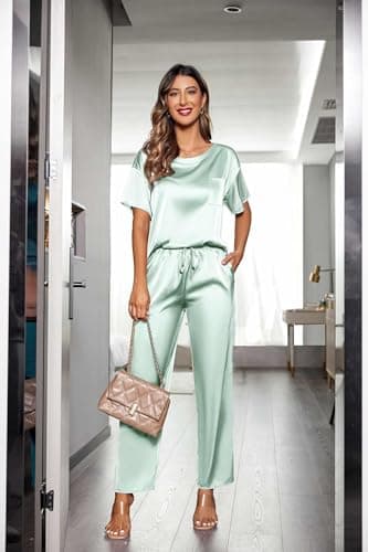 Ekouaer Womens Satin Silky Pajama Set Short Sleeve Shirt with Long Pajama Pant Set Soft PJ Loungewear Aqua Green - Thumbnail 6