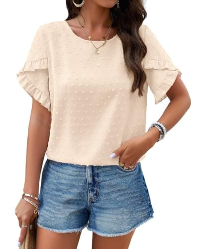 PRETTYGARDEN Women's Tops 2026 Summer Ruffle Short Sleeve Crewneck Blouses Swiss Dots Solid Loose Tunics Work Shirts(Beige,XX-Large) - Image 1