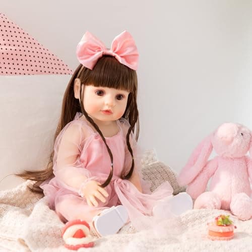 PUAMUBUA Reborn Baby Dolls 22 Inch Realistic Baby Girl Doll with Hair Silicone Full Vinyl Body Newborn Doll Real Life Like Muñecas Reales para Niñas Toddler Clothes Gift Set for Kid Age3+ (Pink Girl) - Thumbnail 4