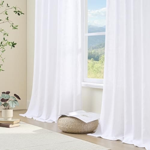 HUEVESSEL White Curtains 63 Inch Length for Living Room Pinch Pleated Pure White Linen Curtain Semi Sheer Short Pleat Drapes with Hooks Rings Bedroom 2 Panels Set - Thumbnail 4