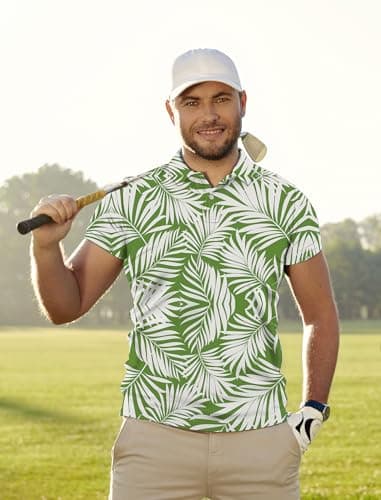 sportbull Tropical Golf Shirts for Men: Golf Polo Shirt White Palm Leaves XL - Thumbnail 3
