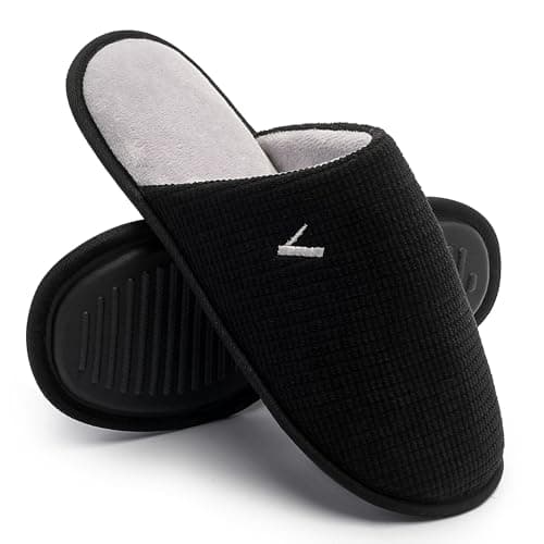 VANSARTO Men's Two-Tone Corduroy Memory Foam Slippers Cozy Plush Fleece Lined Slip-On House Shoes with Non-Slip Sole Lightweight Indoor Outdoor Comfy Slippers, Black/Gray, Size 7-8 - Image 1