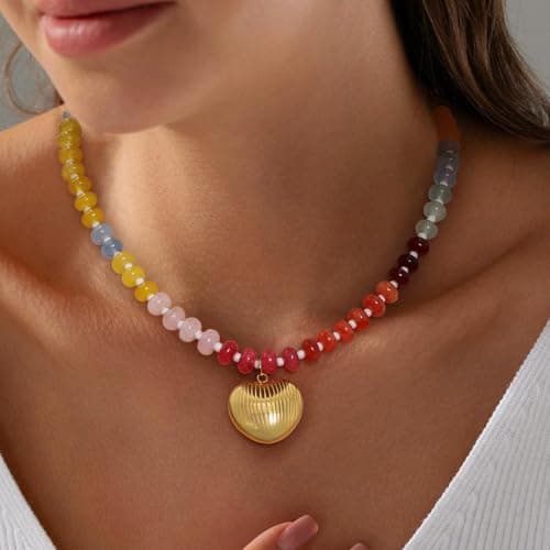 LCTrusttmor Gahna Colorful Boho Beaded Necklace for Women, Shell-Shaped Multilayer Gemstone Choker Jewelry, 18K Gold Plated Natural Stone Beach Surfer Necklace - Thumbnail 2