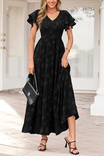 dowerme Maxi Dresses for Women 2026 Summer Ruffle Sleeve V Neck Smocked A Line Floral Boho Tiered Sundress Spring Outfit(Black,X-Large) - Thumbnail 4
