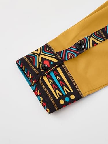 ZAFUL Men's Hipster African Tribal Graphic Patchwork Design Slim Fit Long Sleeve Button up Mandarin Collar Shirts (Orange Tribal Graphic S) - Thumbnail 6