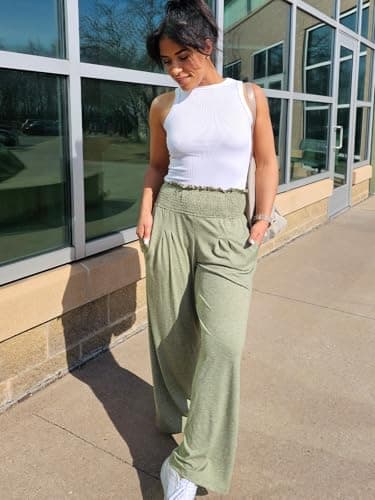 GEMLON Womens Pants High Waisted Palazzo Pants Wide Leg Long Pant Casual Lounge Trousers with Pocket(Green,S) - Thumbnail 6