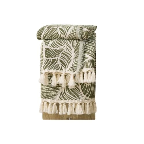 DOWN HOME Chenille Cotton Throw Blanket for Couch, Lightweight Boho Blanket for Bed Sofa Chair Living Room Outdoor Soft Woven Decorative Blanket with Tassel Gift Olive Leaves 55"x60" - Image 1