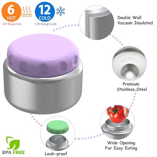 Bento Lunch Box Set for Kids with 8oz Soup Thermo, Leak-Proof Lunch Containers with 4 Compartment, Thermo Hot Insulated Food Jar and Foldable Fork Spoon for Kids to School (Pale Purple) - Thumbnail 4